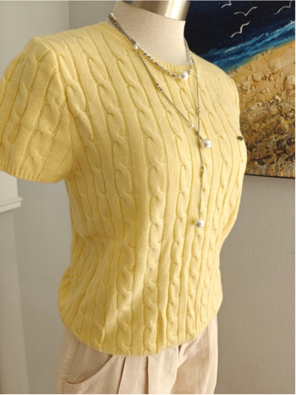 Women's Yellow Cable Knit Short Sleeve Crew Neck Sweater S - Picture 9 of 11